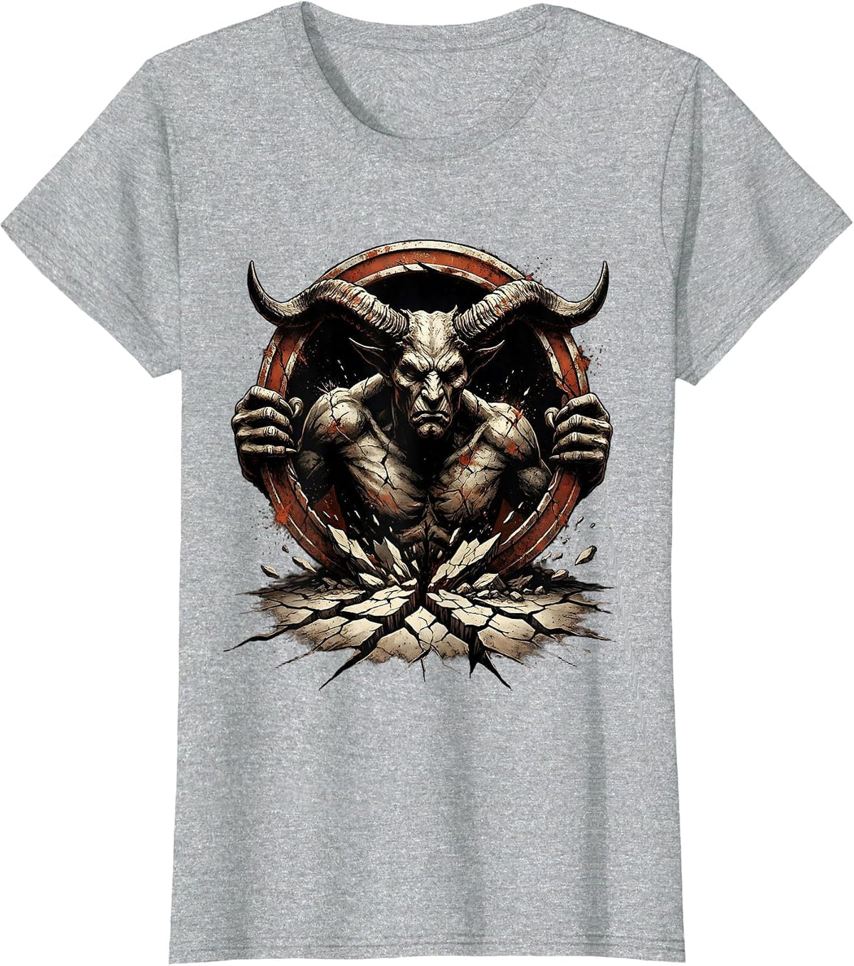 Horned Demon Rising From Cracked Earth Design T-Shirt - Heather Grey