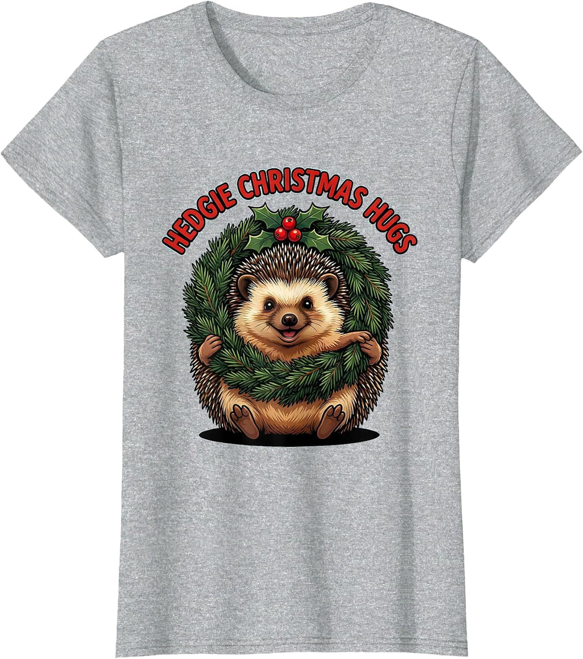 Women's Hedgie Christmas Hugs Cute Hedgehog Novelty Humor T-Shirt - Heather Grey