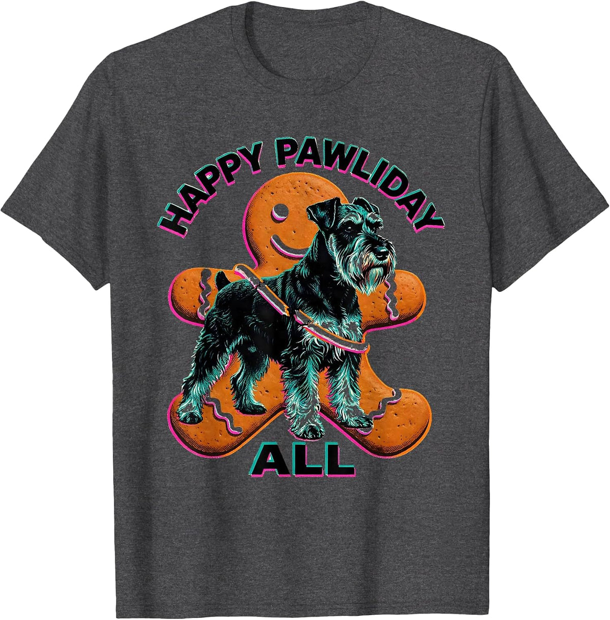 Happy Pawliday, All Risograph Funny Giant Schnauzer Dog T-Shirt - Dark Heather Grey