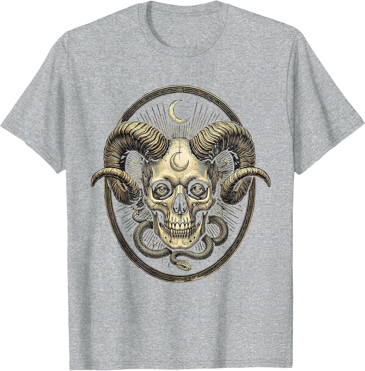 Men's Ram Horn Skull Grinning Dark Art Graphic T-Shirt - Heather Grey