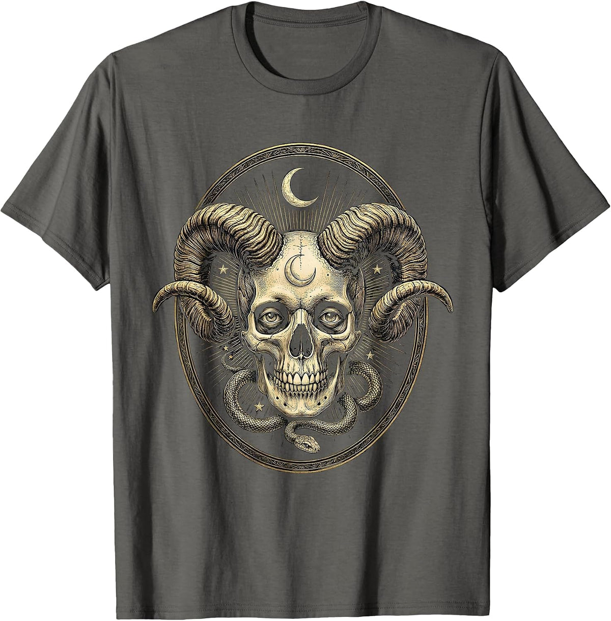Men's Ram Horn Skull Grinning Dark Art Graphic T-Shirt - Asphalt Grey