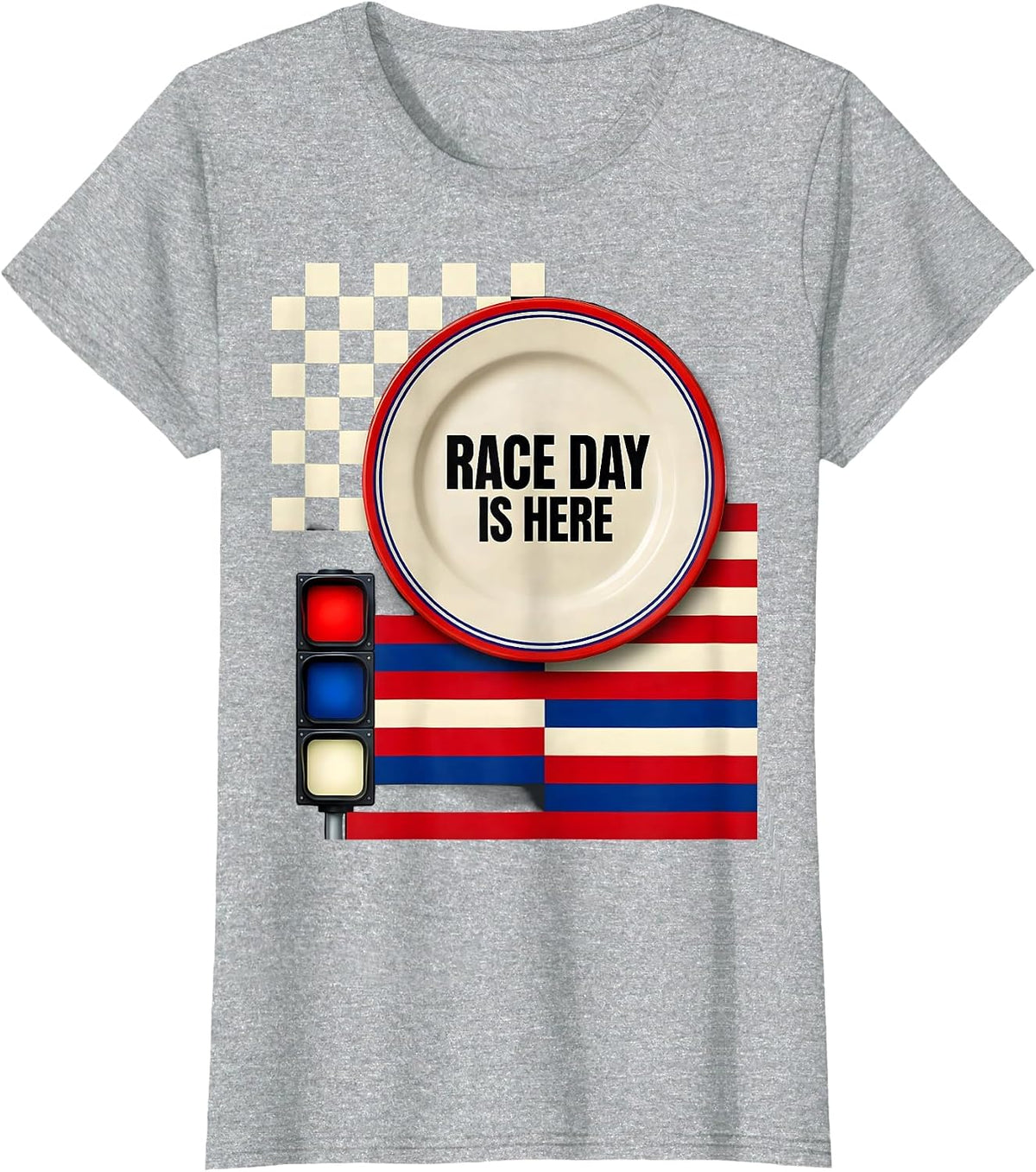 Race Day Is Here Patriotic Drag Racing Checkered Flag T-Shirt - Heather Grey
