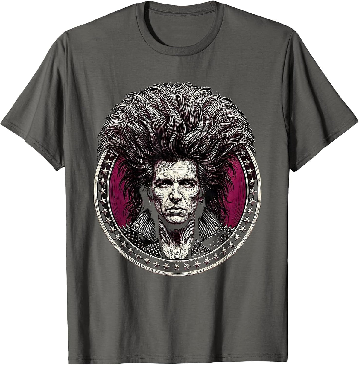 Glam Rock Singer Teased Hair 80s Band Graphic T-Shirt - Asphalt Grey