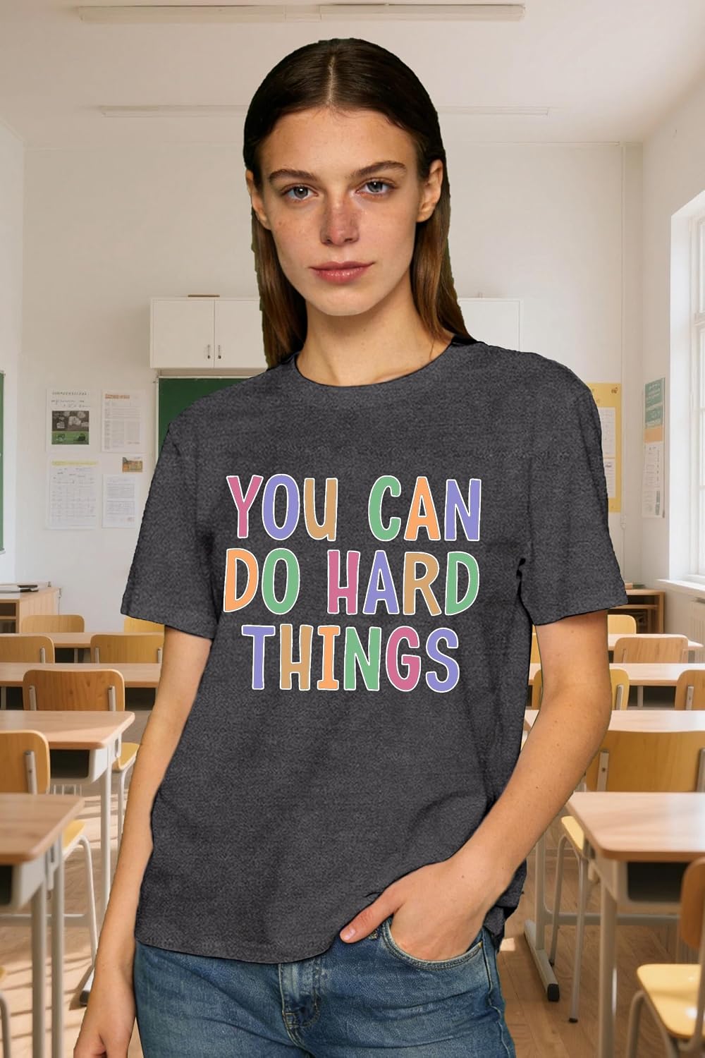 Women's Teacher Shirt You Can Do Hard Things T-Shirt Teach Teaching Inspirational Encouraging Tee Tops - size chart