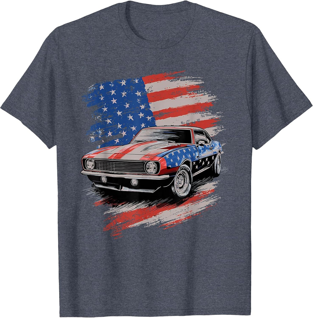 Classic Muscle Car American Flag T-Shirt - Heather Blue