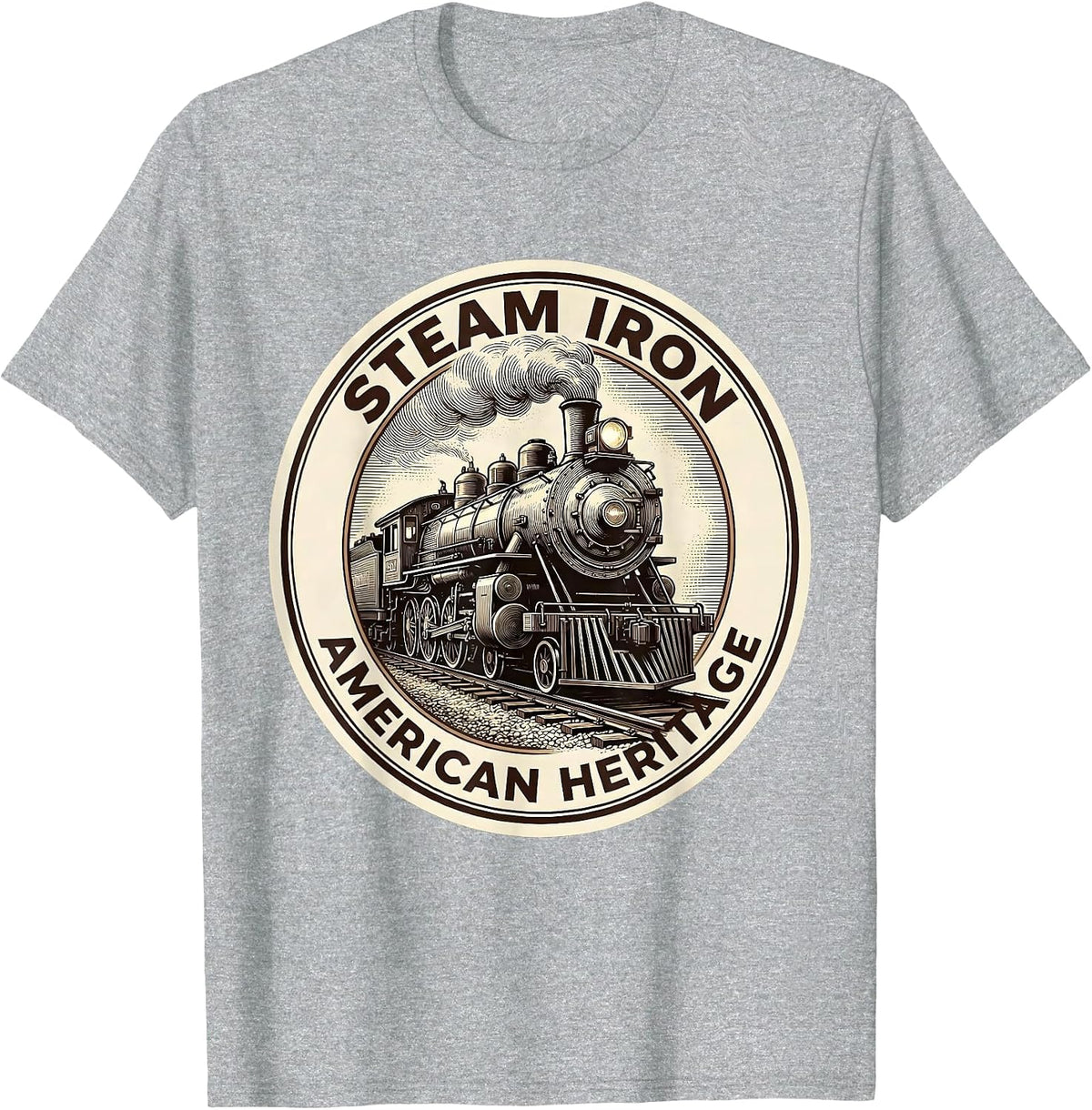 Men's Steam Iron American Heritage Vintage Steam Locomotive Train T-Shirt - Heather Grey