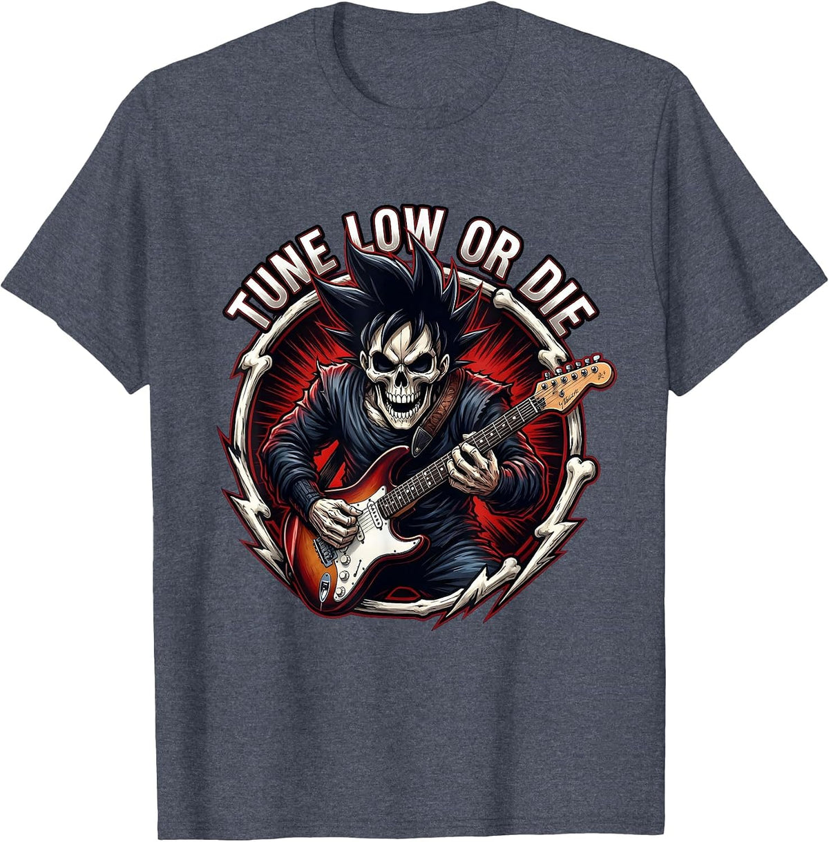 Tune Low or Die Death Metal Guitar Design T-Shirt - Heather Blue