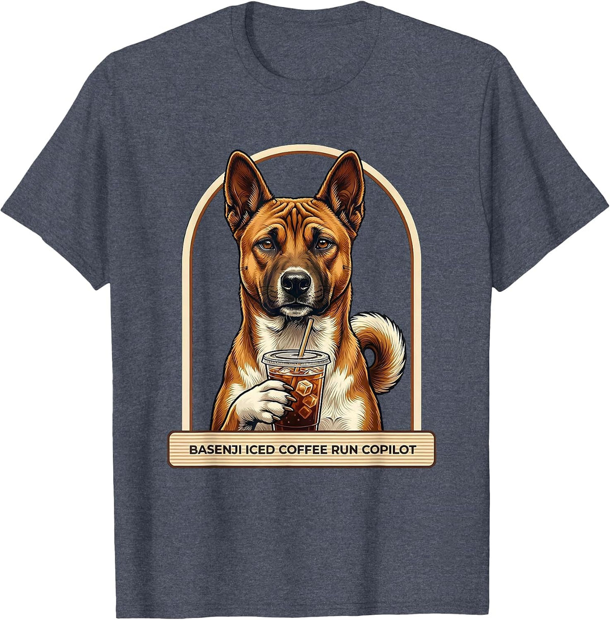 Basenji Iced Coffee Run Copilot Funny Dog Lover Humor T-Shirt - Heather Blue