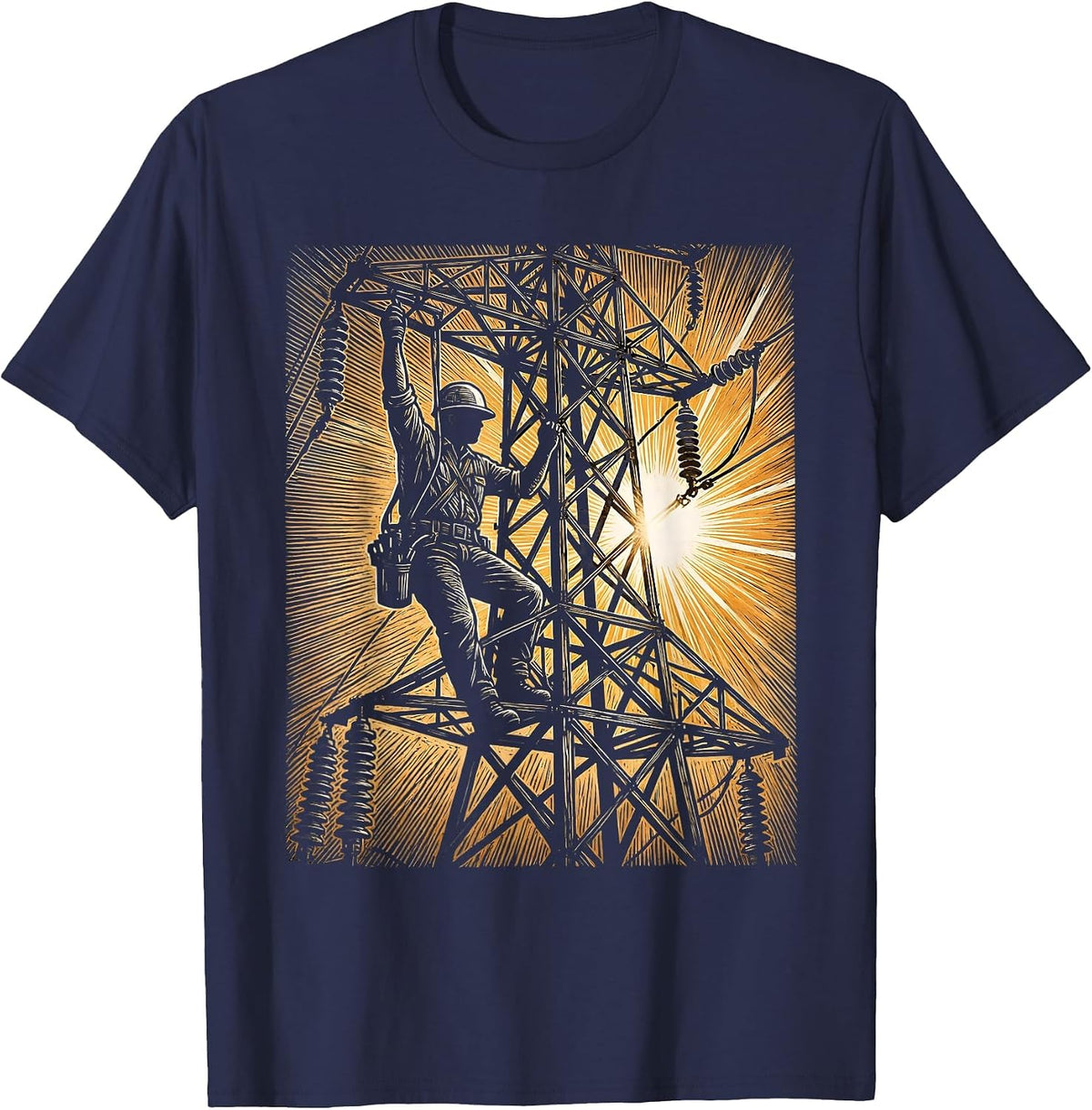 Lineman Electrical Tower Sunrise Labor Day Graphic T-Shirt - Navy Blue