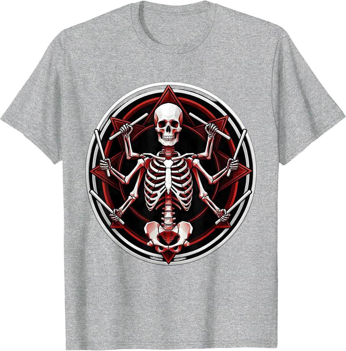 Men's Multi-Armed Skeleton Drummer Metal Band Graphic T-Shirt - Heather Grey