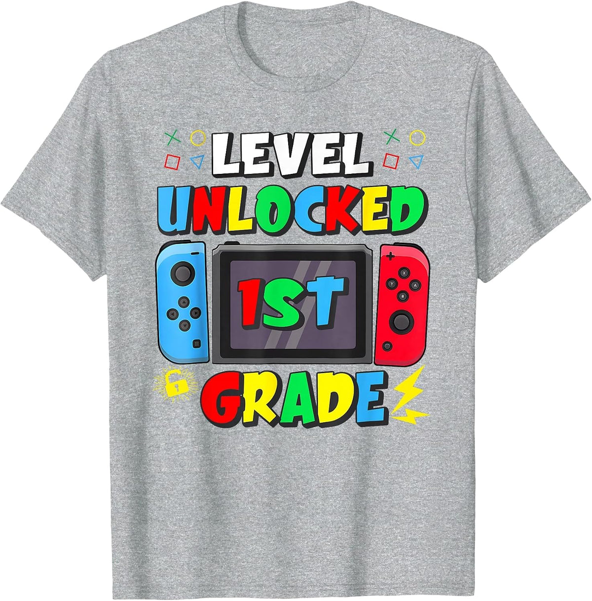 First Day of 1st Grade Level Unlocked Game Back to School T-Shirt - Heather Grey