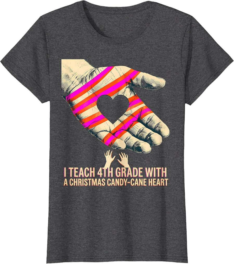 Women's I Teach 4th Grade With A Christmas Candy-Cane Heart Teacher T-Shirt - Dark Heather Grey