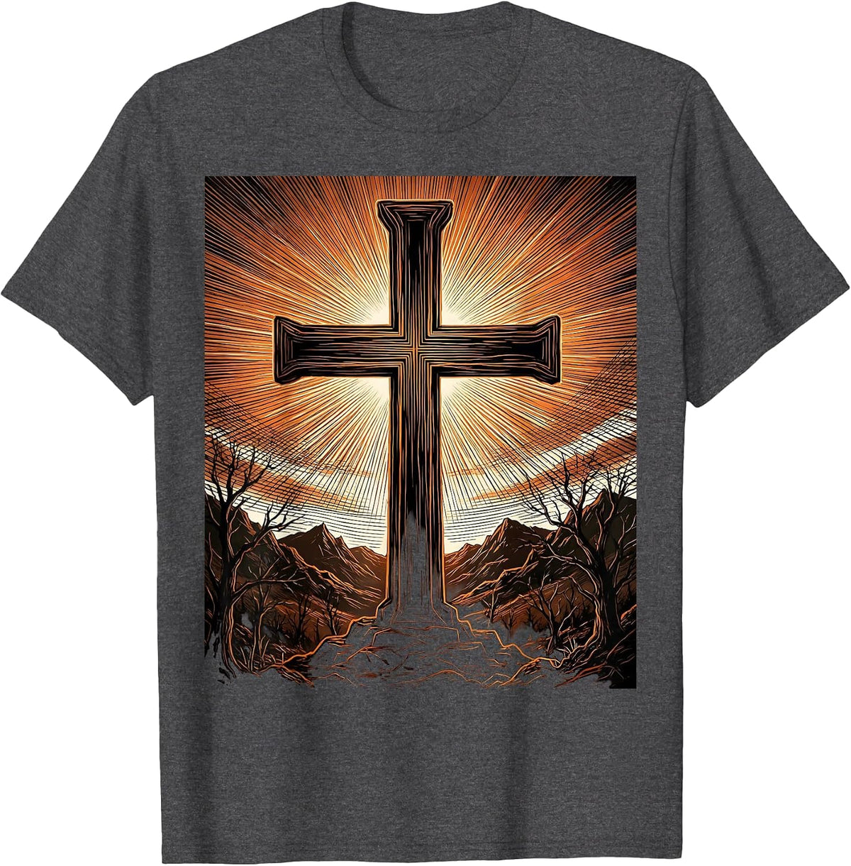 Cross Silhouette Fiery Sunset Sky Graphic T-Shirt - Dark Heather Grey
