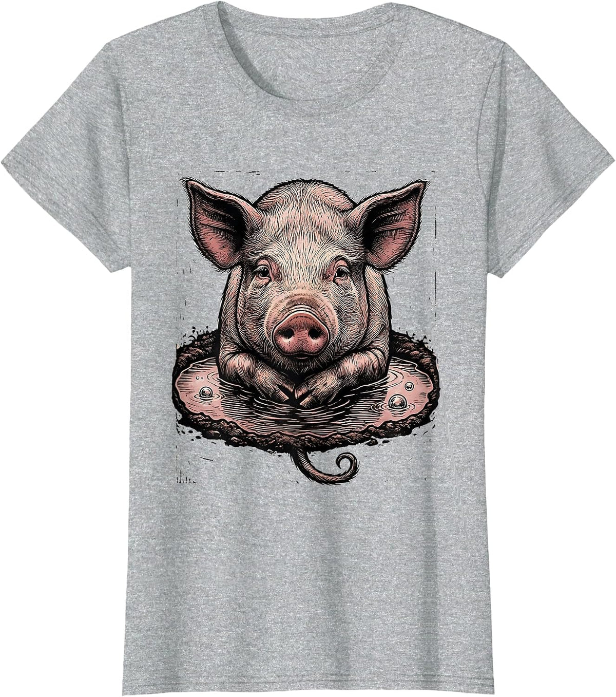 Mud Spa Pig Woodcut Engraving Funny Farm Animal Lover T-Shirt - Heather Grey