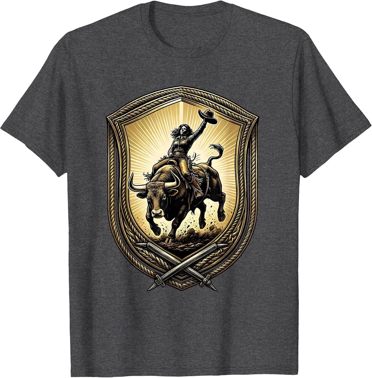 Men's Cowgirl Bucking Bull Rodeo Graphic Tee T-Shirt - Dark Heather Grey