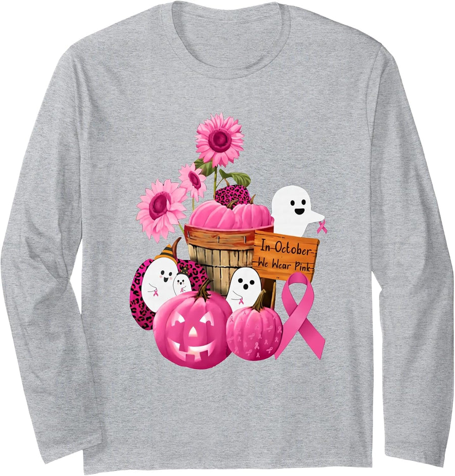 in October We Wear Pink Ghosts & Pumpkins for Breast Cancer Long Sleeve T-Shirt - Adult Unisex Heather Grey