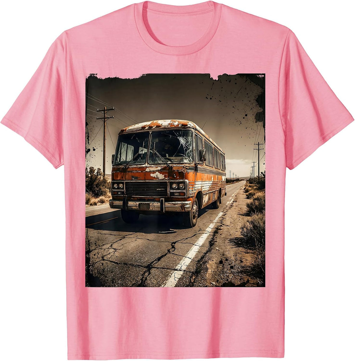 Men's Vintage Tour Van Open Highway Graphic Tee T-Shirt - Pink