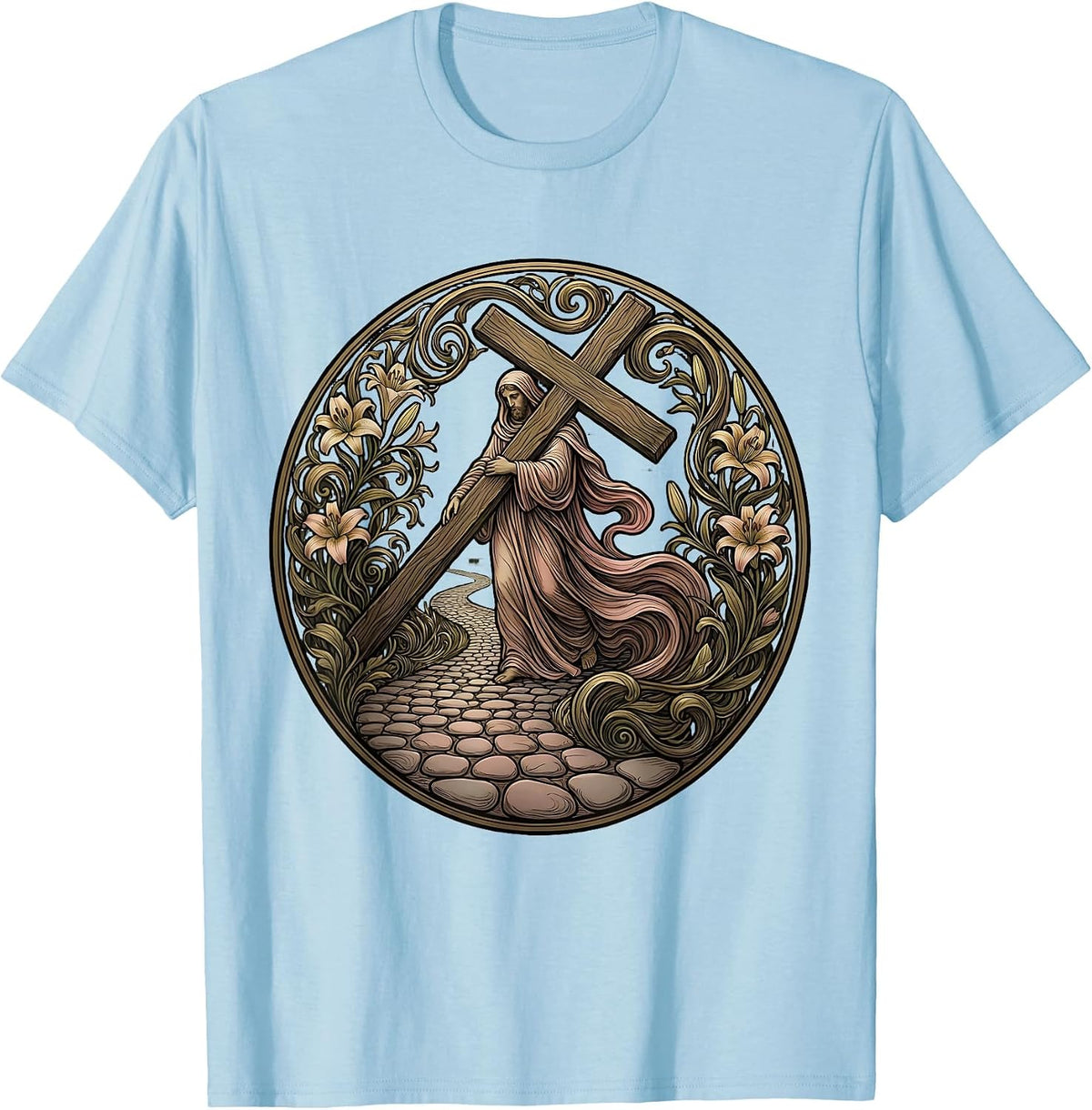 Jesus Carrying the Cross Cobblestone Road Art T-Shirt - Baby Blue
