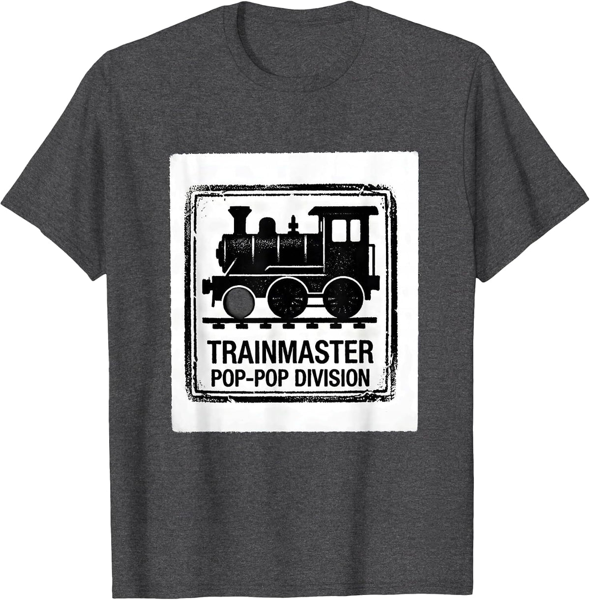 Trainmaster Pop-Pop Division Rubber Stamp Retro Train T-Shirt - Dark Heather Grey