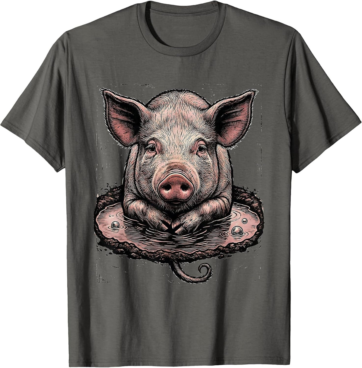 Mud Spa Pig Woodcut Engraving Funny Farm Animal Lover T-Shirt - Asphalt Grey