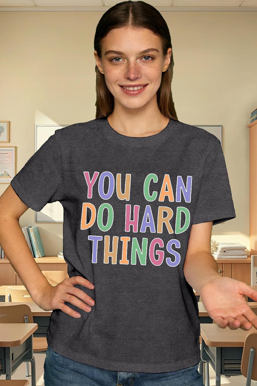 Women's Teacher Shirt You Can Do Hard Things T-Shirt Teach Teaching Inspirational Encouraging Tee Tops - size chart