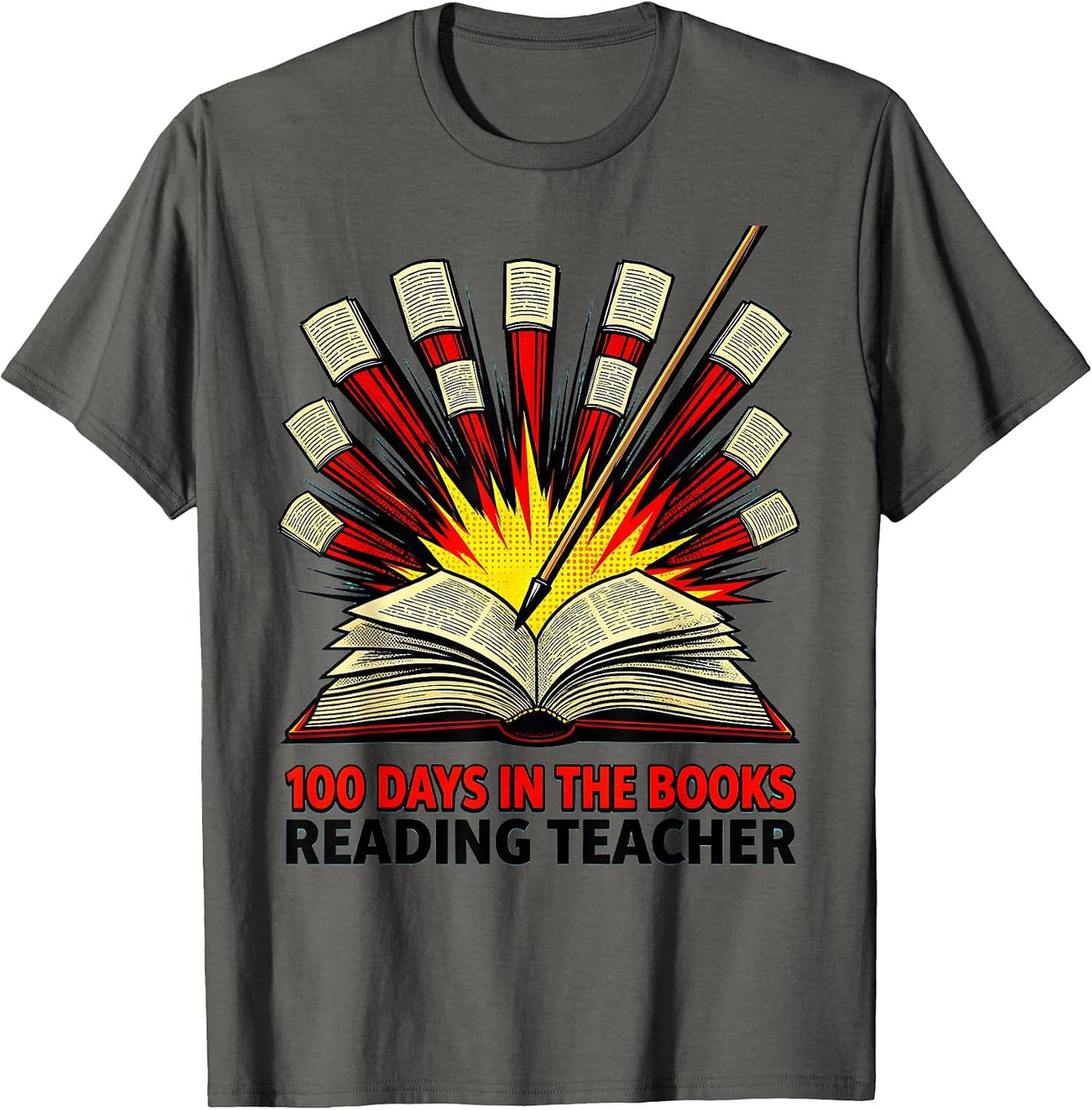Men's 100 Days In The Books Reading Teacher Pop Art 100th Day T-Shirt - Asphalt Grey