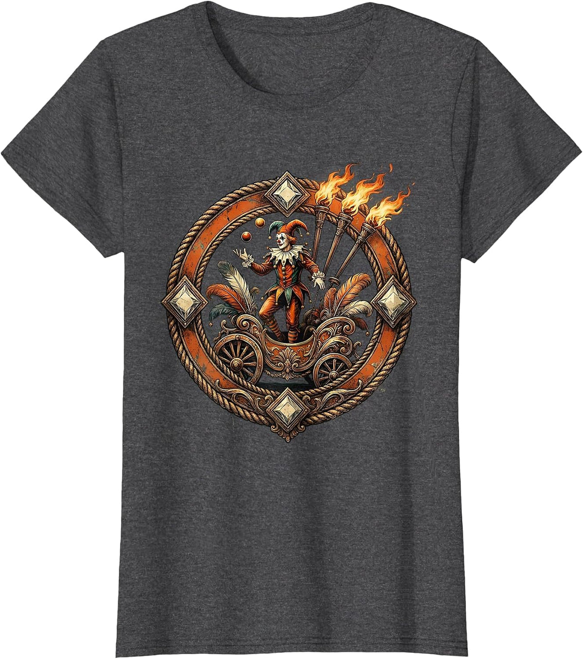 Women's Mardi Gras Jester Juggling Flaming Torches Float T-Shirt - Dark Heather Grey