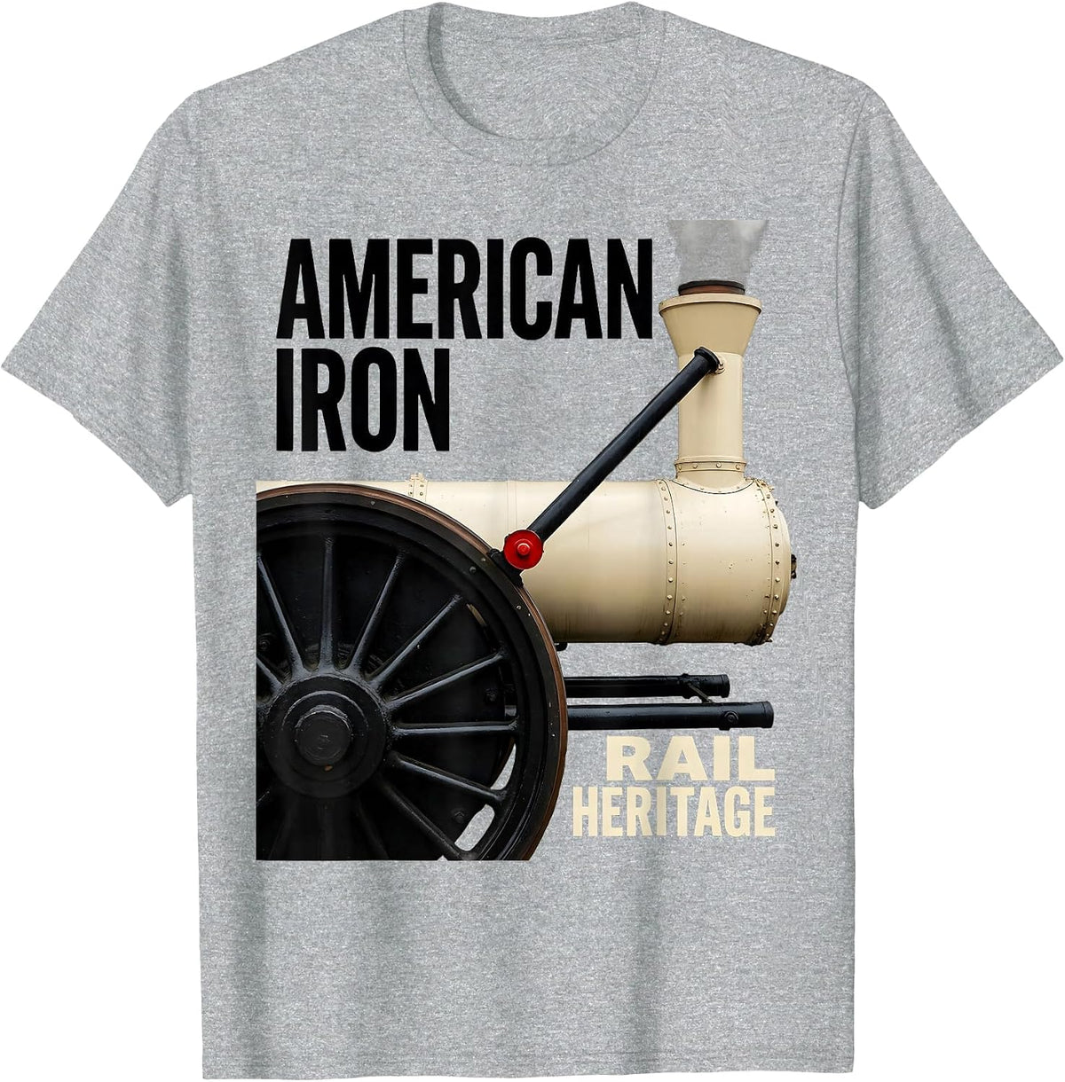 Men's American Iron Rail Heritage Retro Steam Locomotive Train T-Shirt - Heather Grey