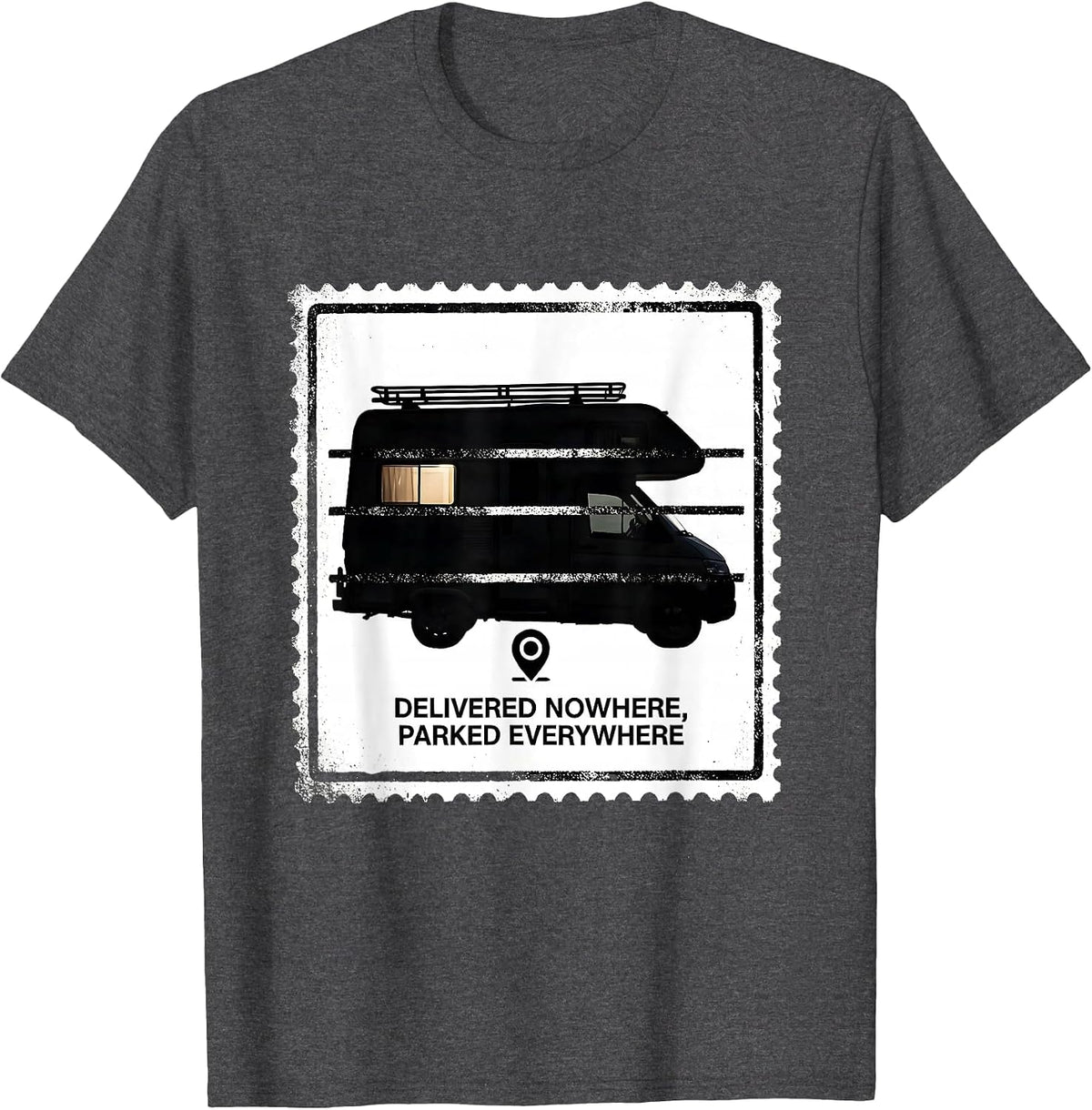 Men's Delivered Nowhere, Parked Everywhere Retro Van Life Van T-Shirt - Dark Heather Grey
