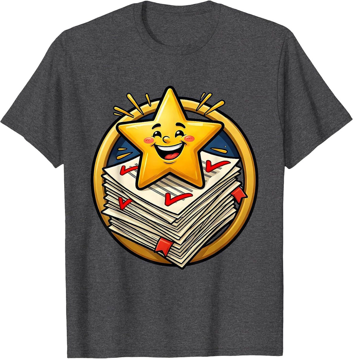4th Grade Teacher Graded Papers Gold Star Design T-Shirt - Dark Heather Grey