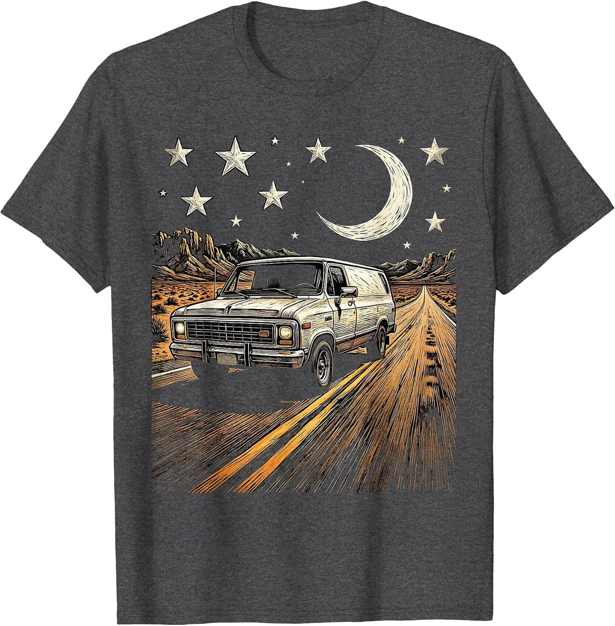 Vintage Van Highway Starry Night Rock and Roll T-Shirt - Dark Heather Grey