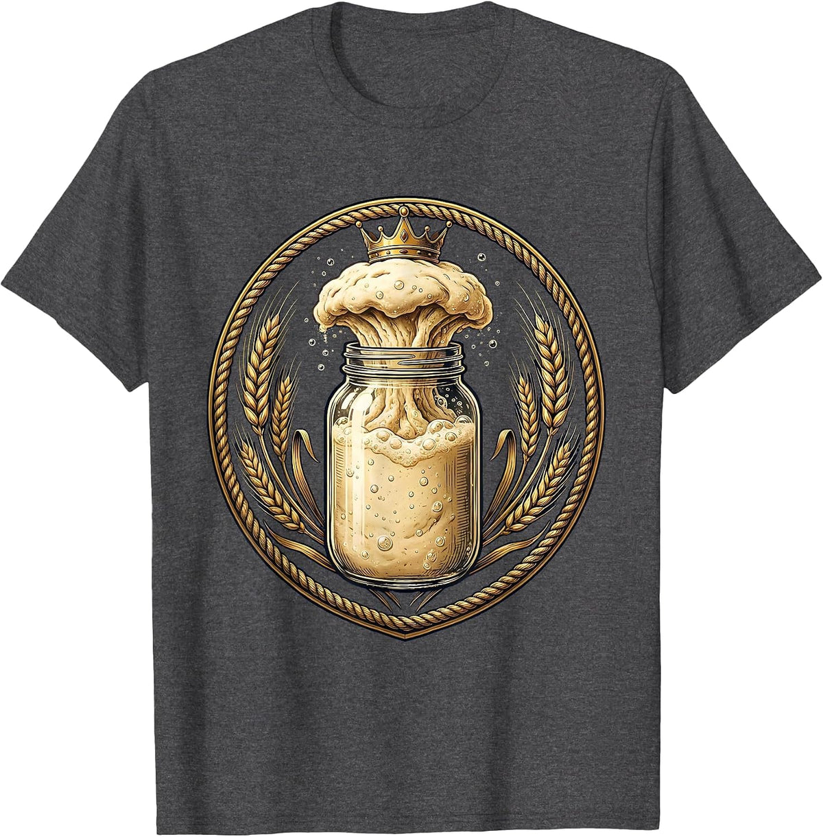 Men's Sourdough Starter Jar Wearing Crown Illustration T-Shirt - Dark Heather Grey