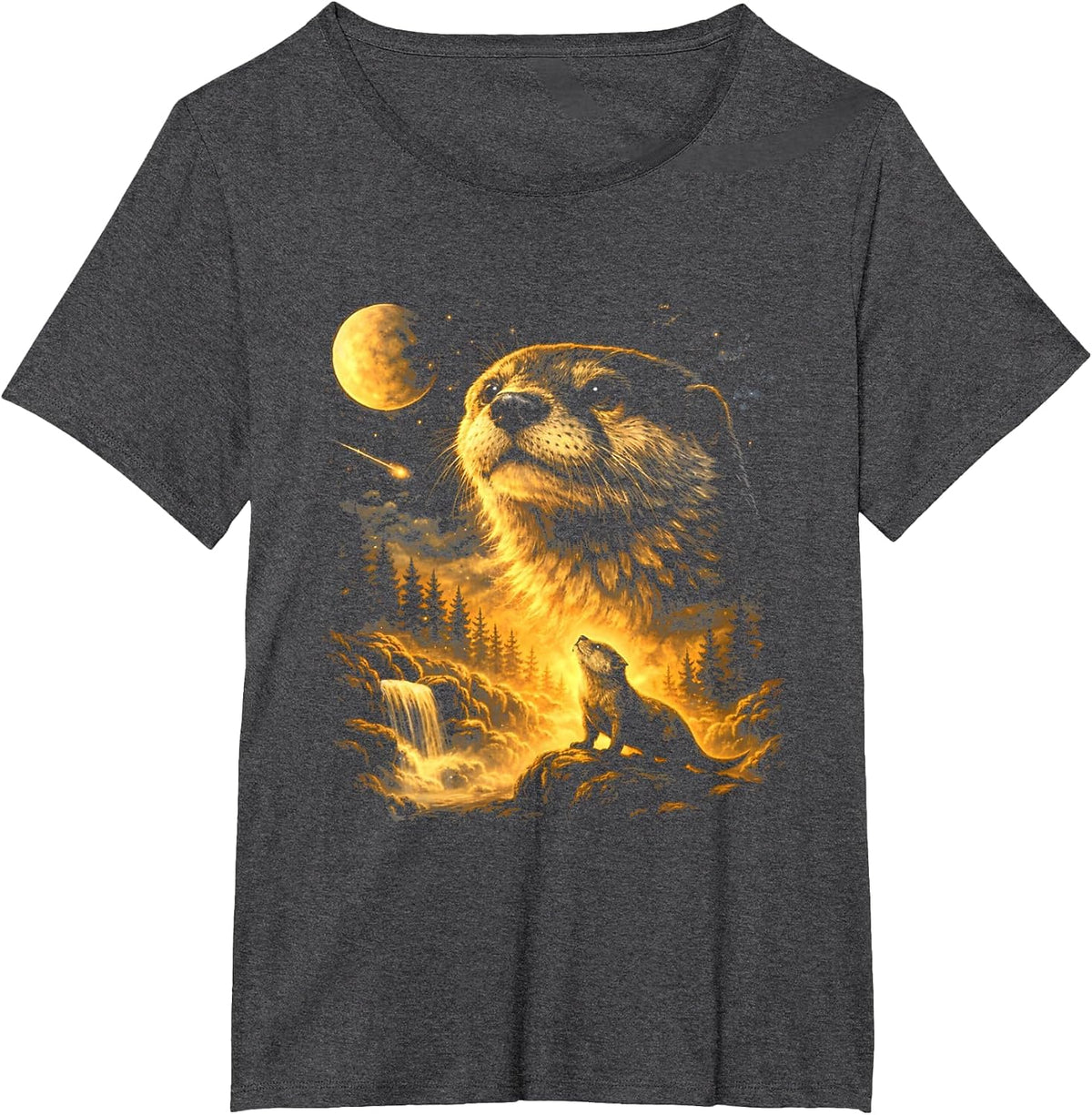 Retro Otter Howling to The Moon Meme 90s Animal Meme Graphic T-Shirt - Dark Heather Grey