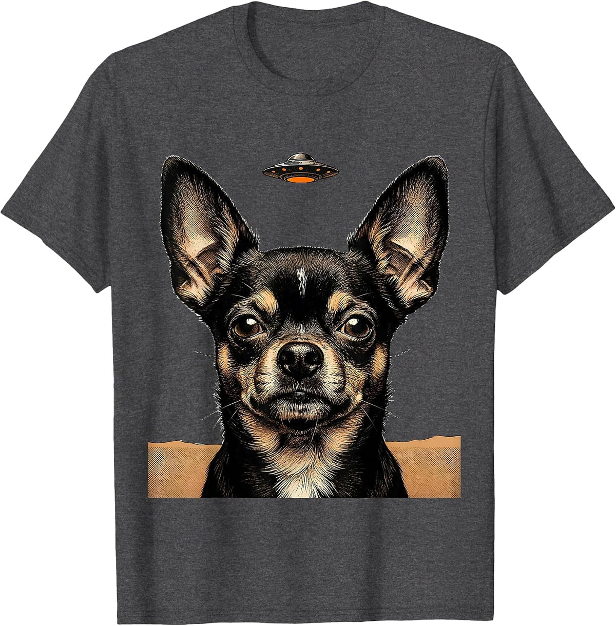 Chihuahua UFO Abduction Funny Dog Art T-Shirt - Dark Heather Grey