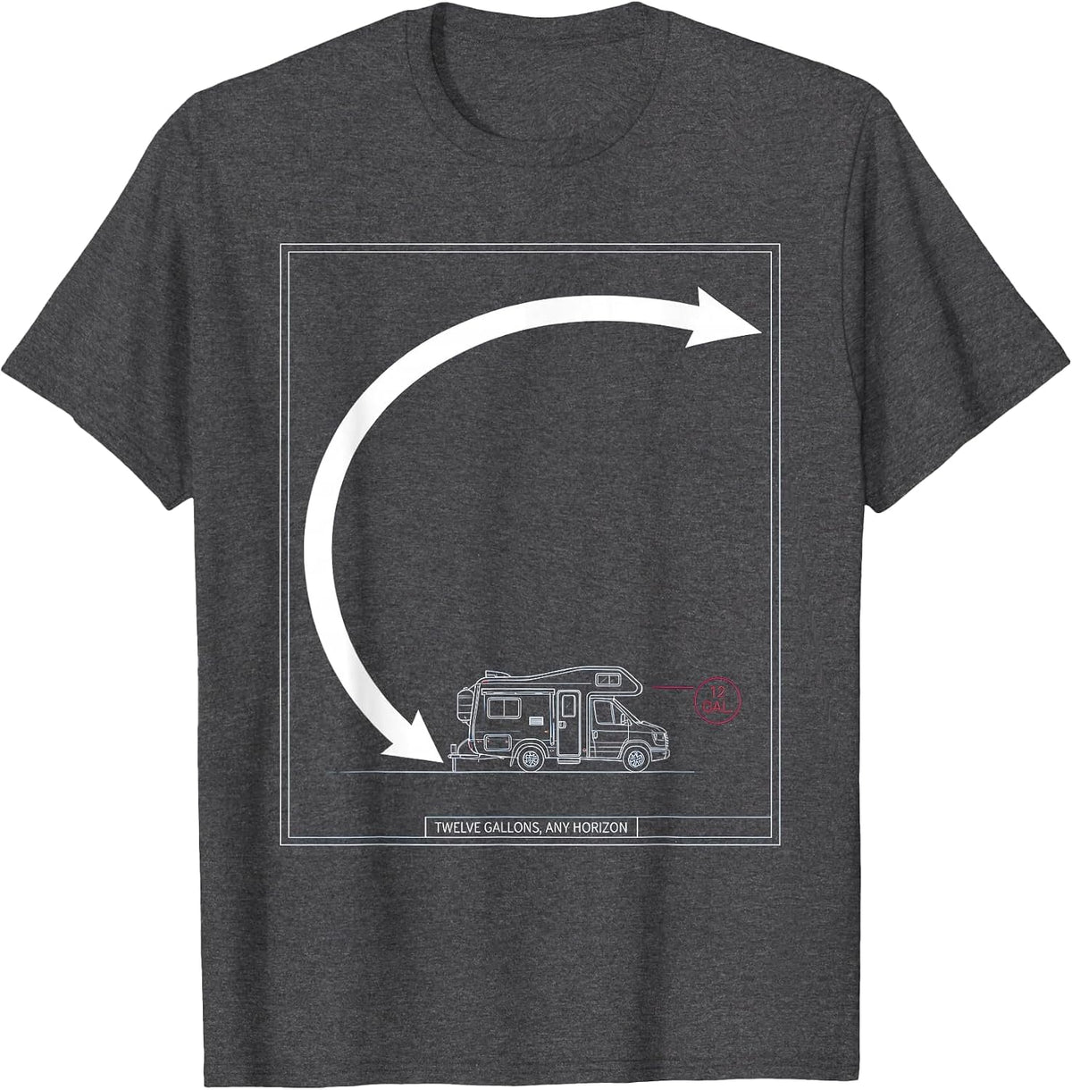 Twelve Gallons Any Horizon Technical Blueprint Retro Van T-Shirt - Dark Heather Grey