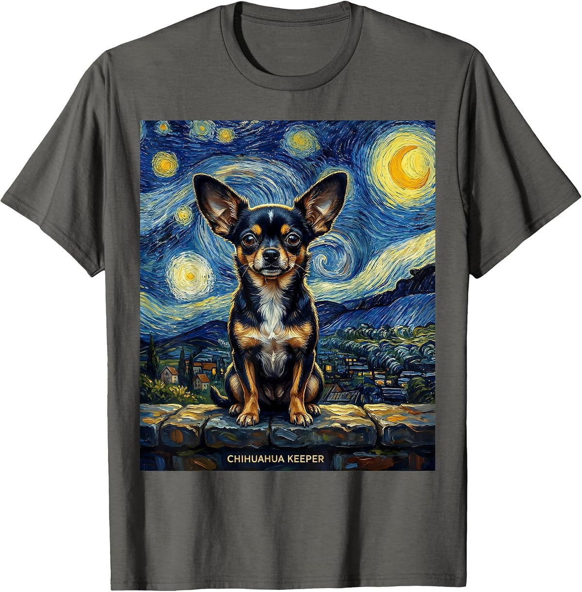 Chihuahua Keeper Van Gogh Style Starry Night Dog Breed T-Shirt - Asphalt Grey