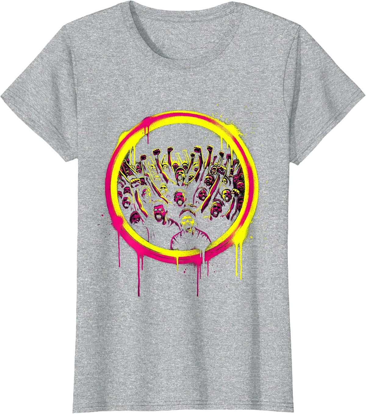 80s Rock Band Screaming Crowd Raised Fists Graphic T-Shirt - Heather Grey
