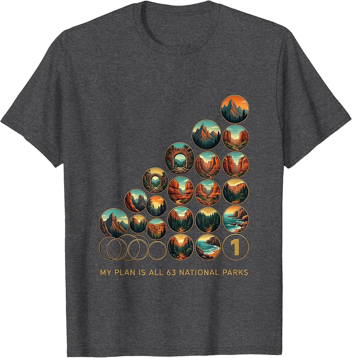 Men's My Plan Is All 63 National Parks Checklist Badge Grid T-Shirt - Dark Heather Grey