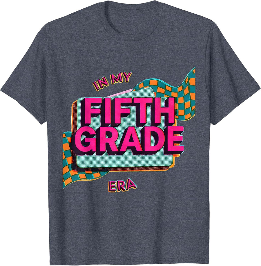 In My Fifth Grade Era Retro Checkered Fifth Grade Teacher T-Shirt - Heather Blue
