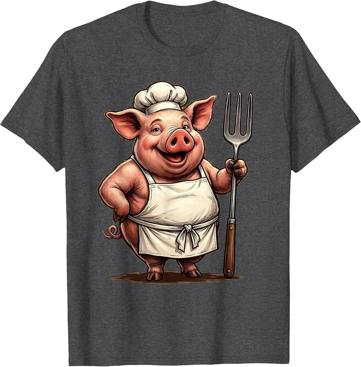Pig Chef Apron Fork BBQ Grill Cooking Illustration T-Shirt - Dark Heather Grey