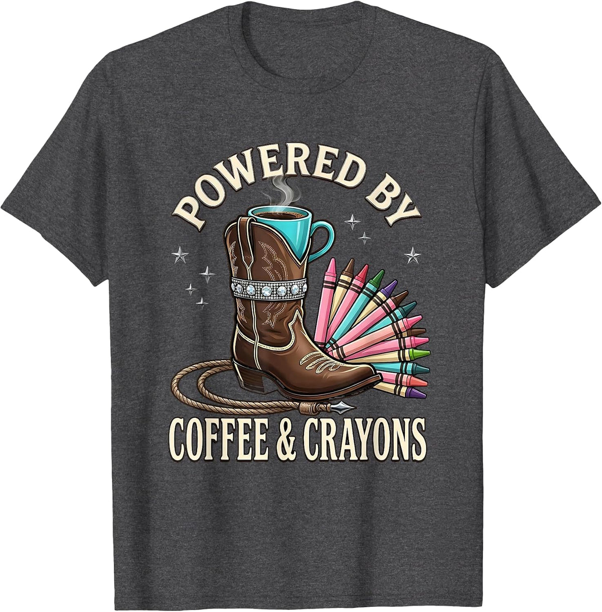 Powered by Coffee and Crayons 4th Grade Teacher T-Shirt - Dark Heather Grey