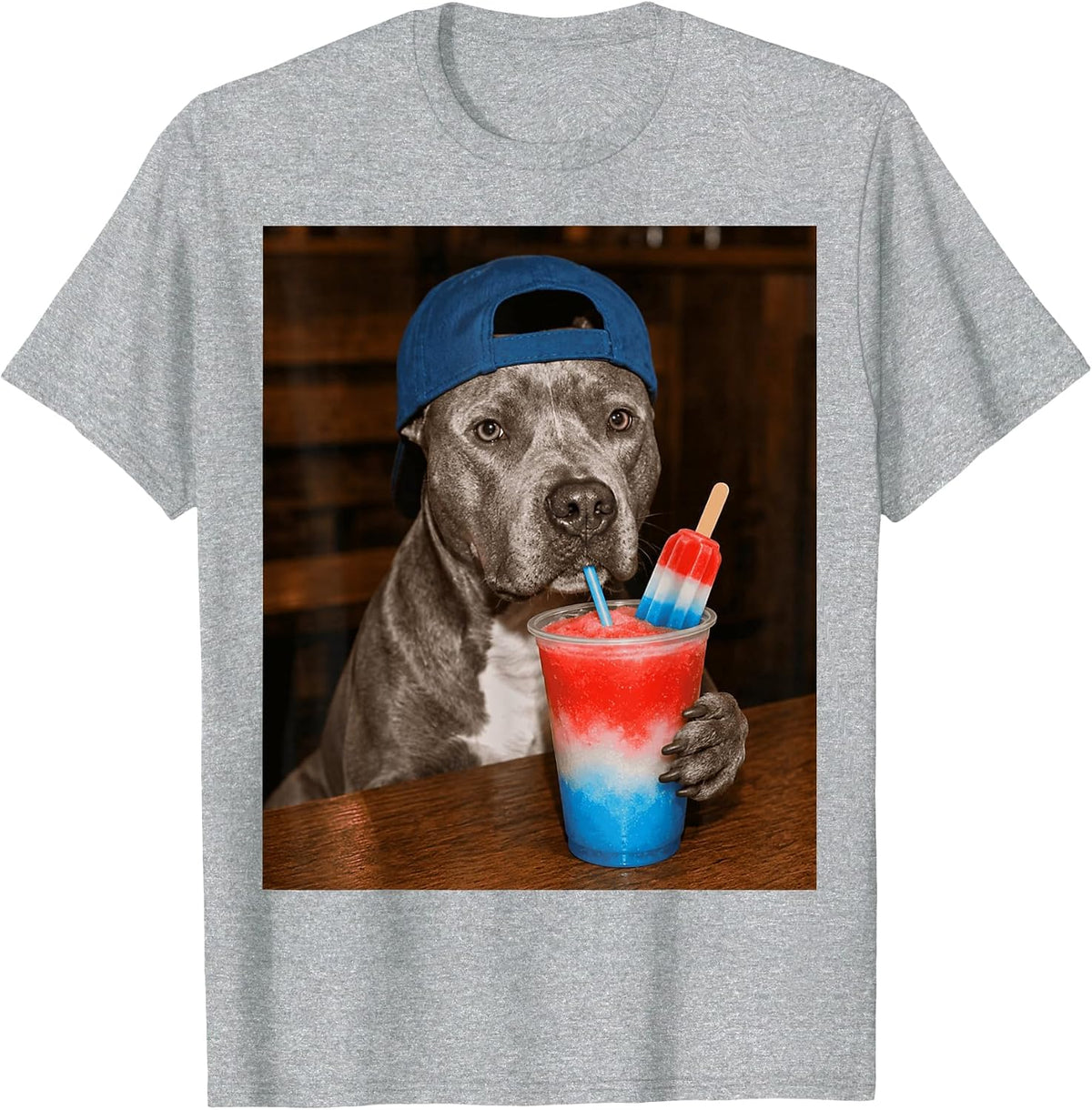 Pitbull Drinking Patriotic Slusie Funny Dog Meme 4th of July T-Shirt - Heather Grey