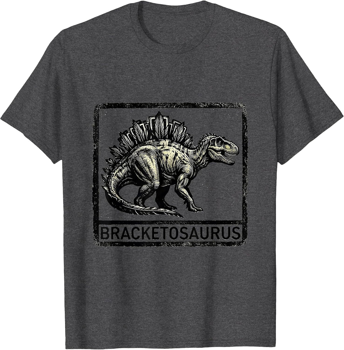 Men's Bracketosaurus Funny Grammar Teacher Punctuation Dinosaur T-Shirt - Dark Heather Grey