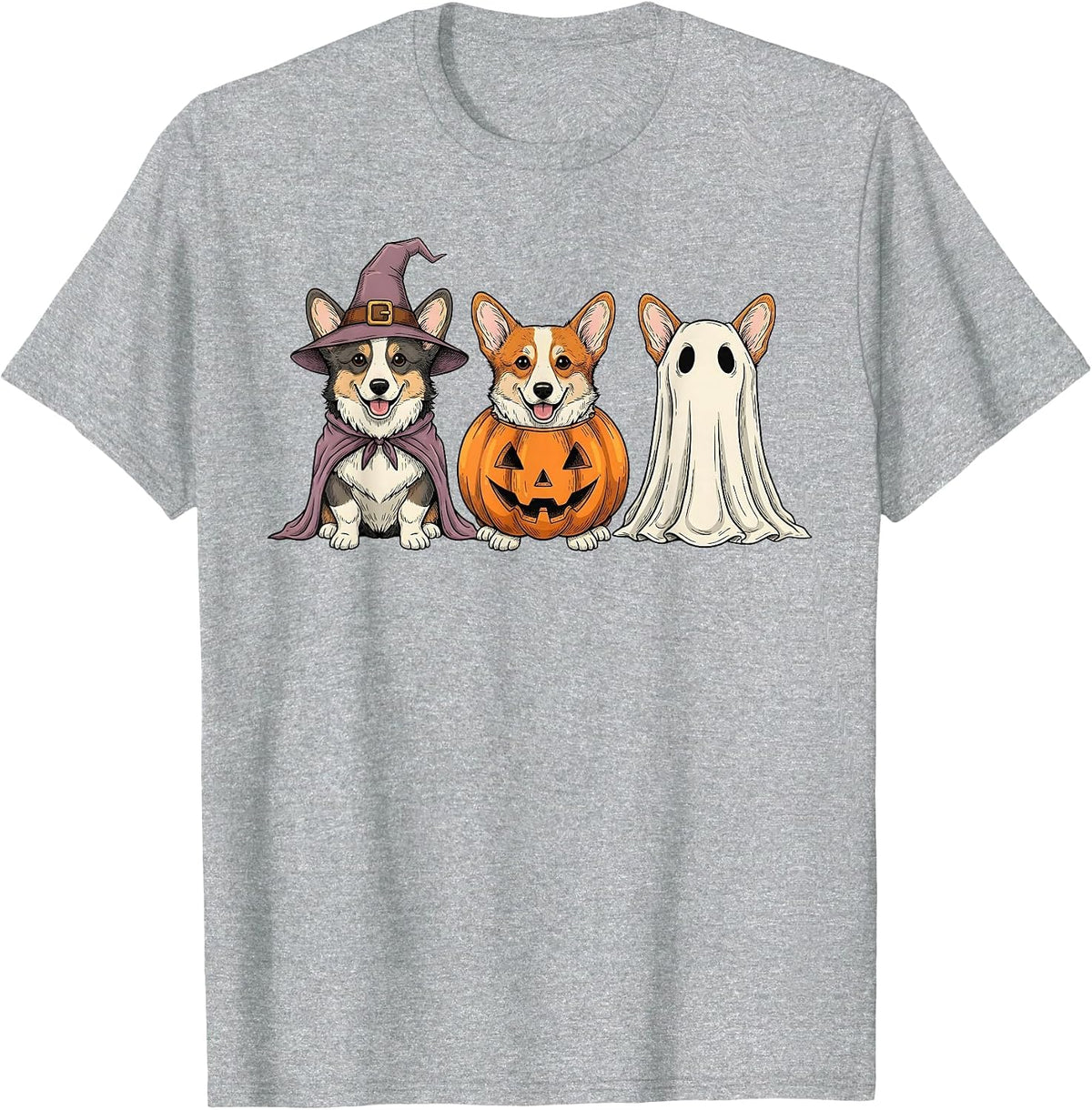 Spooky Ghost Corgi Pumpkin Halloween Dog Lover T-Shirt - Heather Grey
