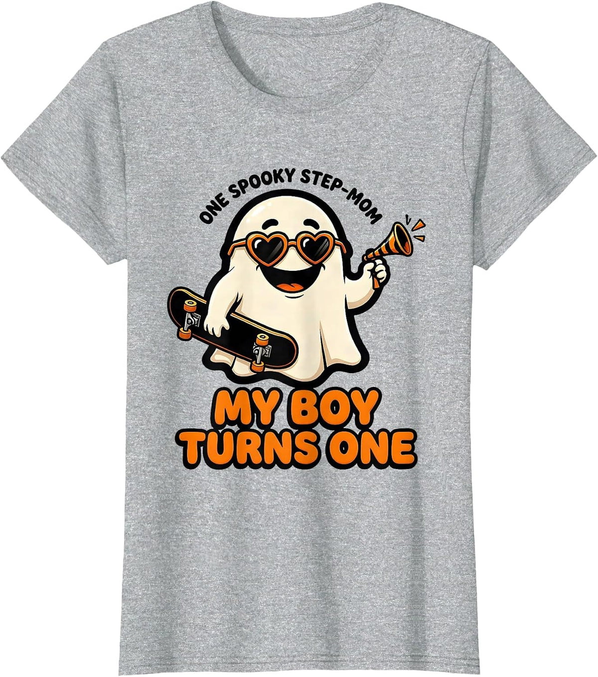 One Spooky Step-Mom My Boy Turns One Cartoon Ghost Halloween T-Shirt - Heather Grey