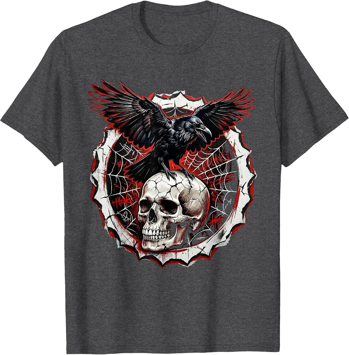 Crow Perched on Skull Dark Gothic Metal Design T-Shirt - Dark Heather Grey