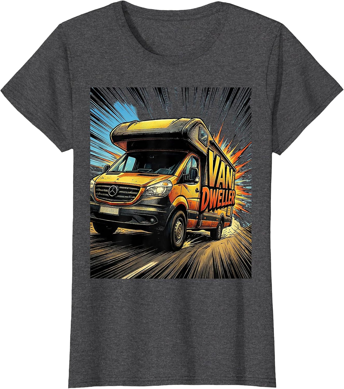 Women's Van Dweller Comic Book Van Life Road Trip Enthusiast T-Shirt - Dark Heather Grey