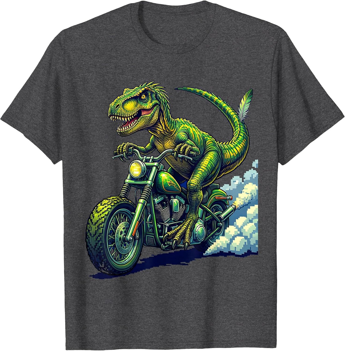 Velociraptor Motorcycle Rider Dinosaur Graphic T-Shirt - Dark Heather Grey