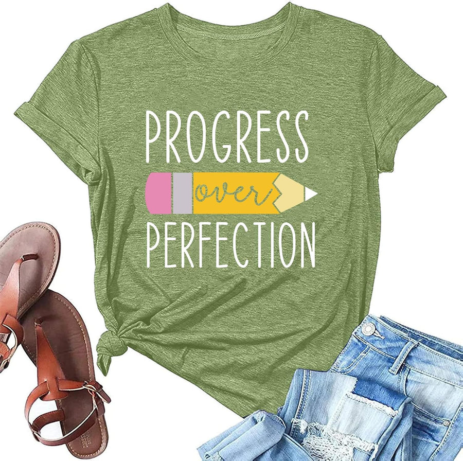 Womens Progress Over Perfection Teacher T-Shirt Back to School Tee Inspirational Short Sleeve Tops - T75-lightgreen