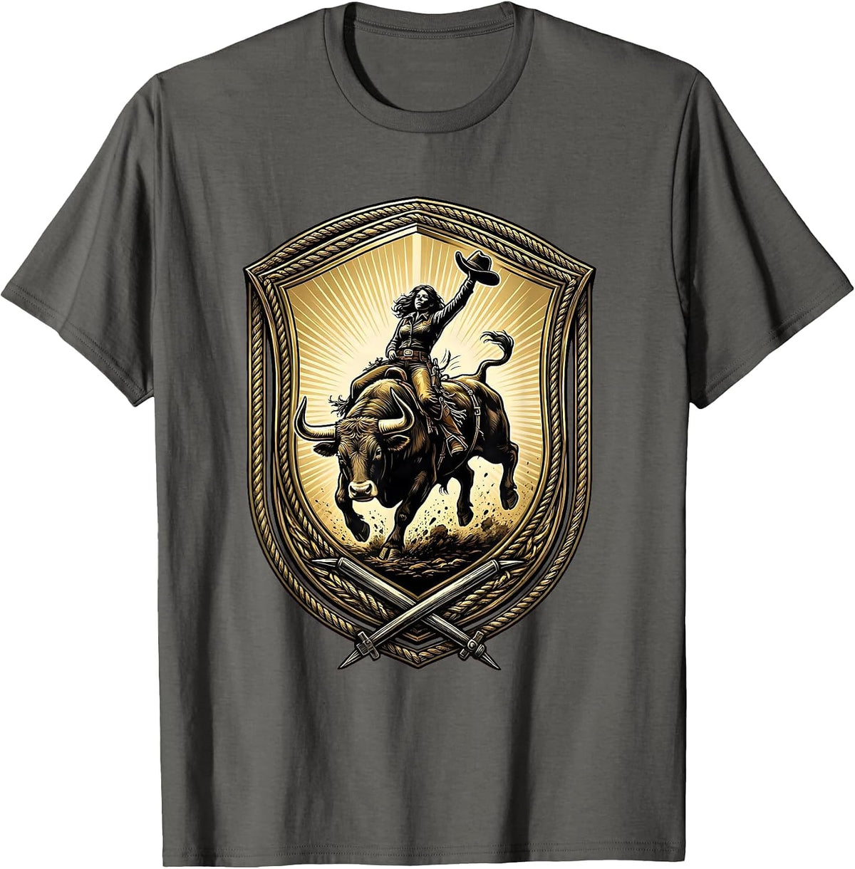 Men's Cowgirl Bucking Bull Rodeo Graphic Tee T-Shirt - Asphalt Grey